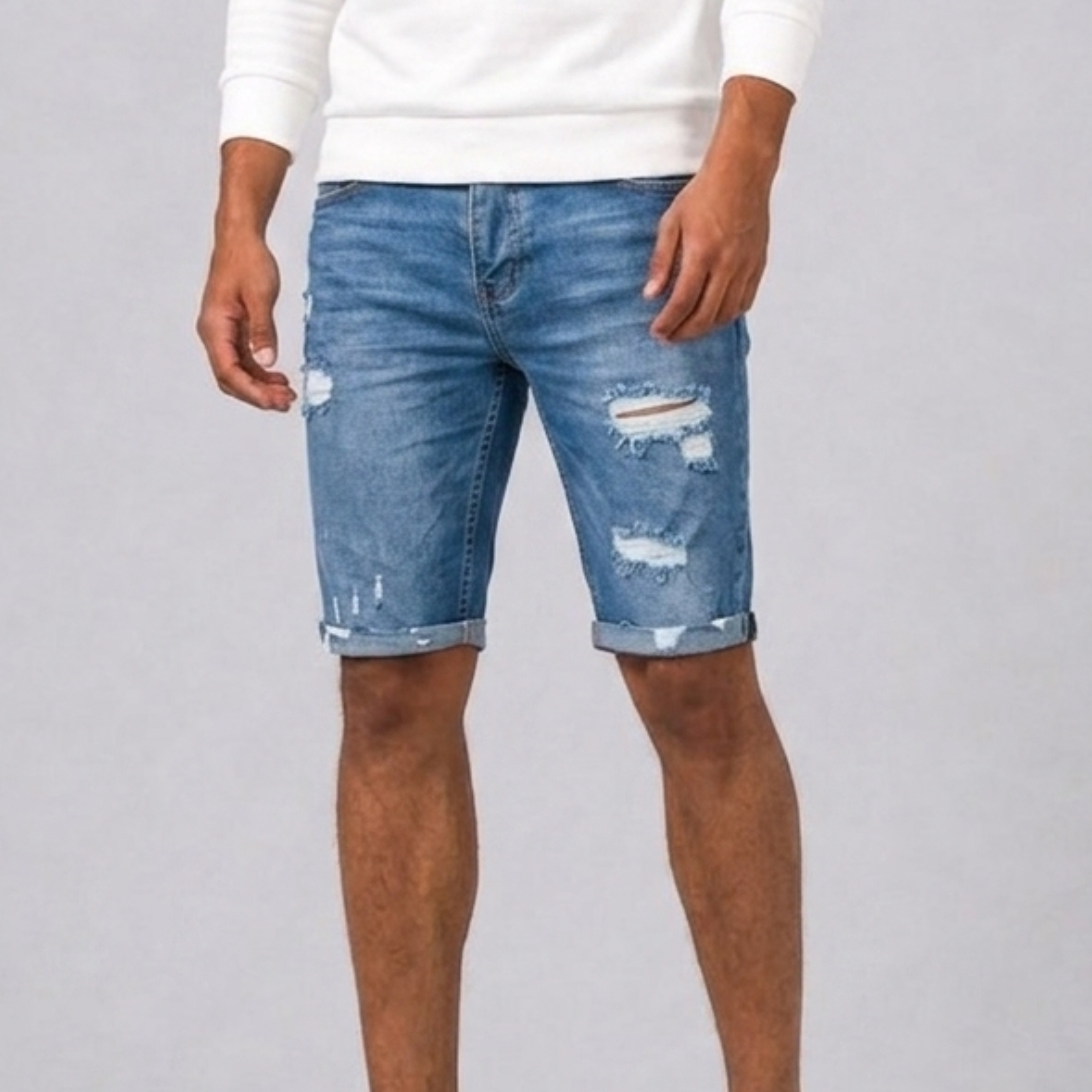 Lunelle | Heren Denim Shorts met Gescheurde Accenten
