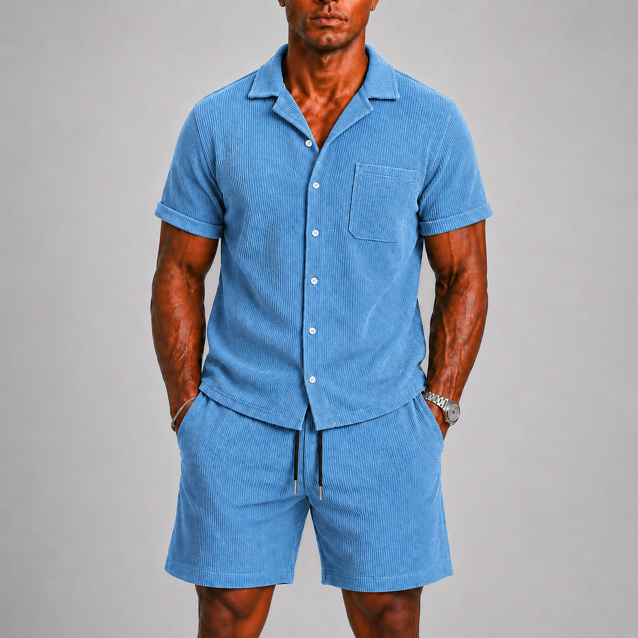 Lunelle | Heren Co-ord Ribstof Set met Overhemd en Korte Broek
