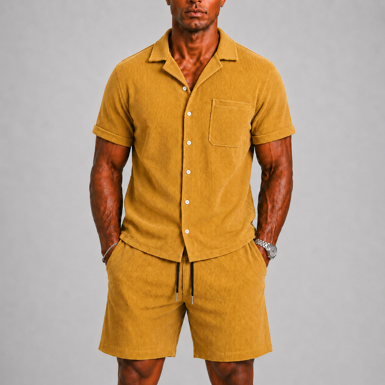 Lunelle | Heren Co-ord Ribstof Set met Overhemd en Korte Broek