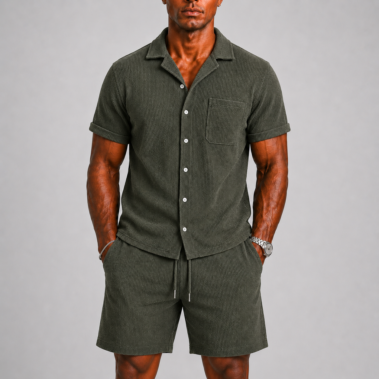 Lunelle | Heren Co-ord Ribstof Set met Overhemd en Korte Broek
