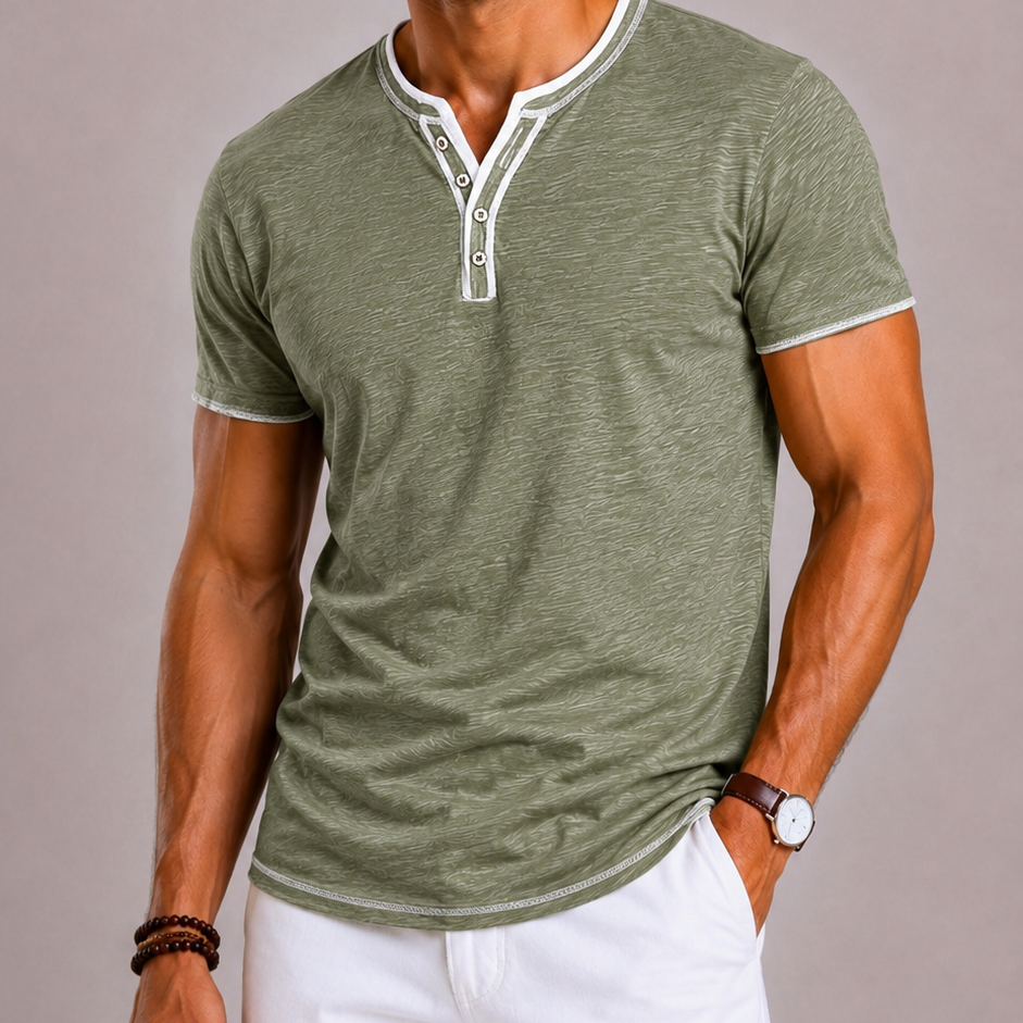 Lunelle | Heren Henley Shirt met Korte Mouwen en Knoopsluiting