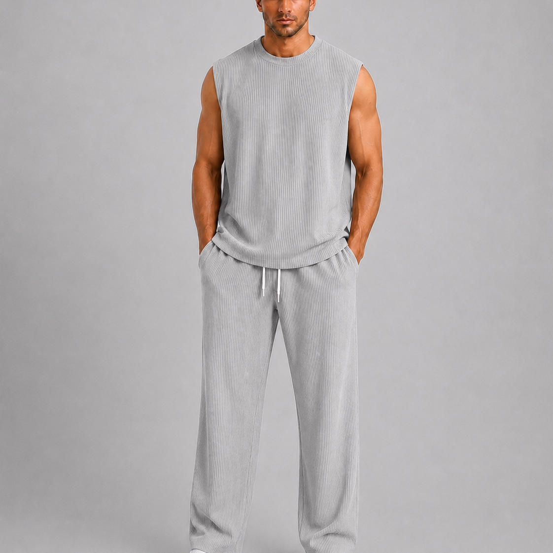Lunelle | Heren Ribgebreide Set met Mouwloze Top en Lange Broek