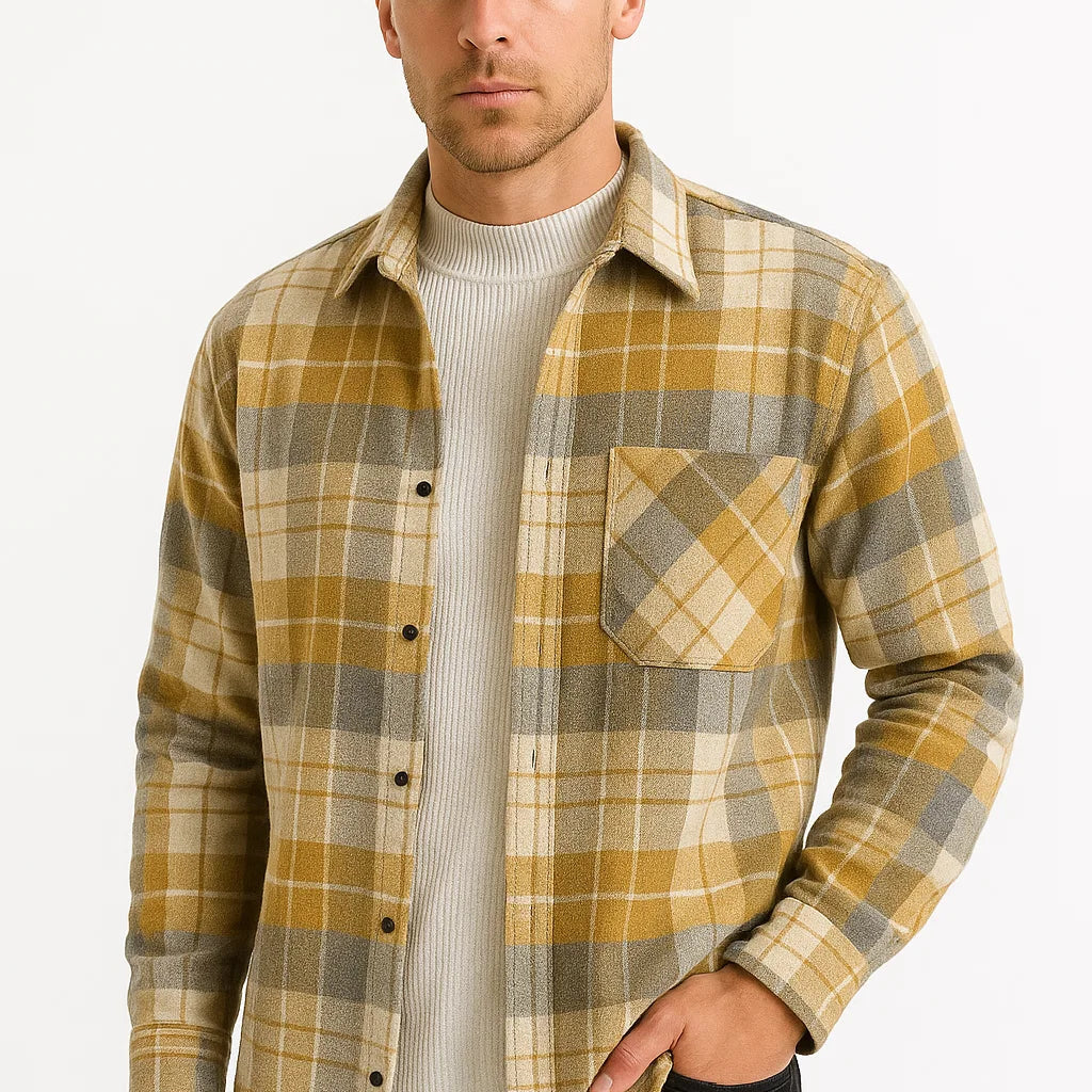 Lunelle | Heren Casual Shirt Katoen-Polyester Mix Lange Mouwen Geruit Khaki