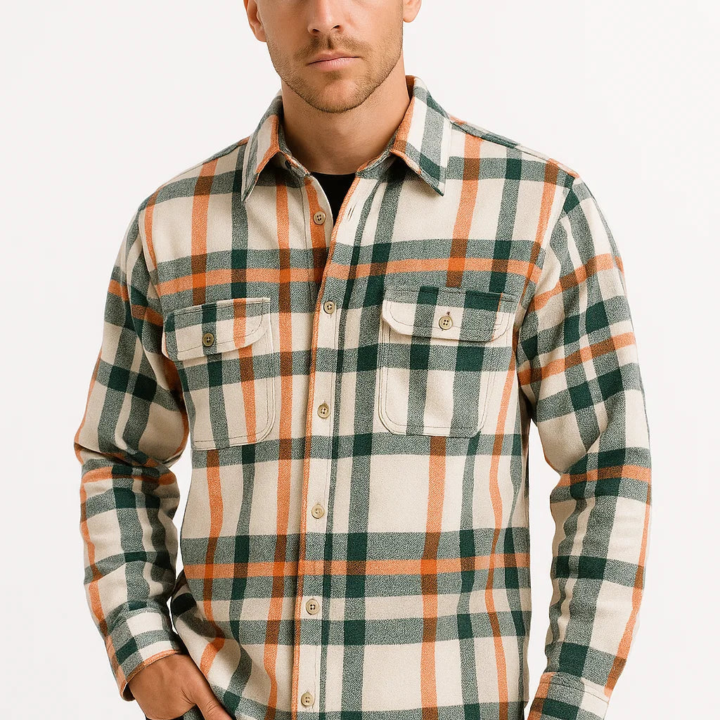 Lunelle | Heren Casual Shirt Katoen-Polyester Mix Lange Mouwen Geruit Khaki