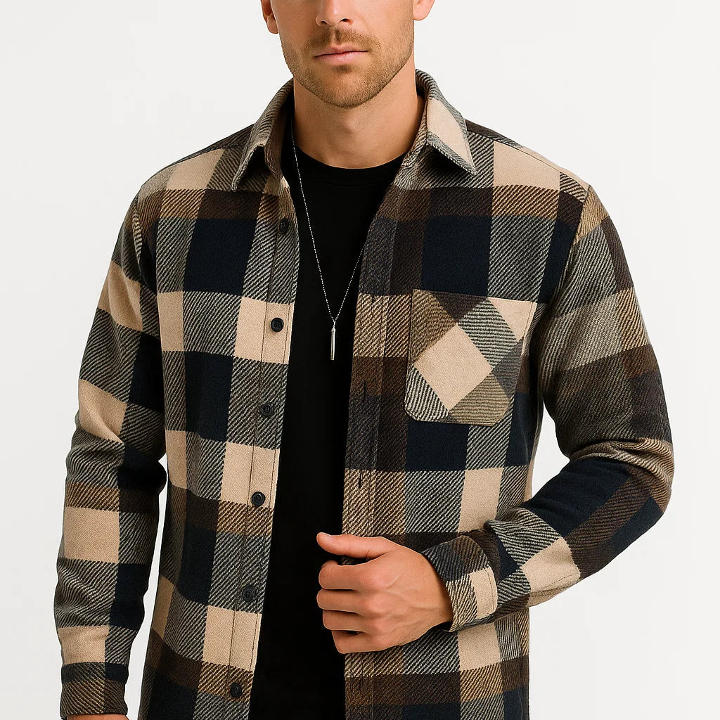 Lunelle | Heren Casual Shirt Katoen-Polyester Mix Lange Mouwen Geruit Khaki