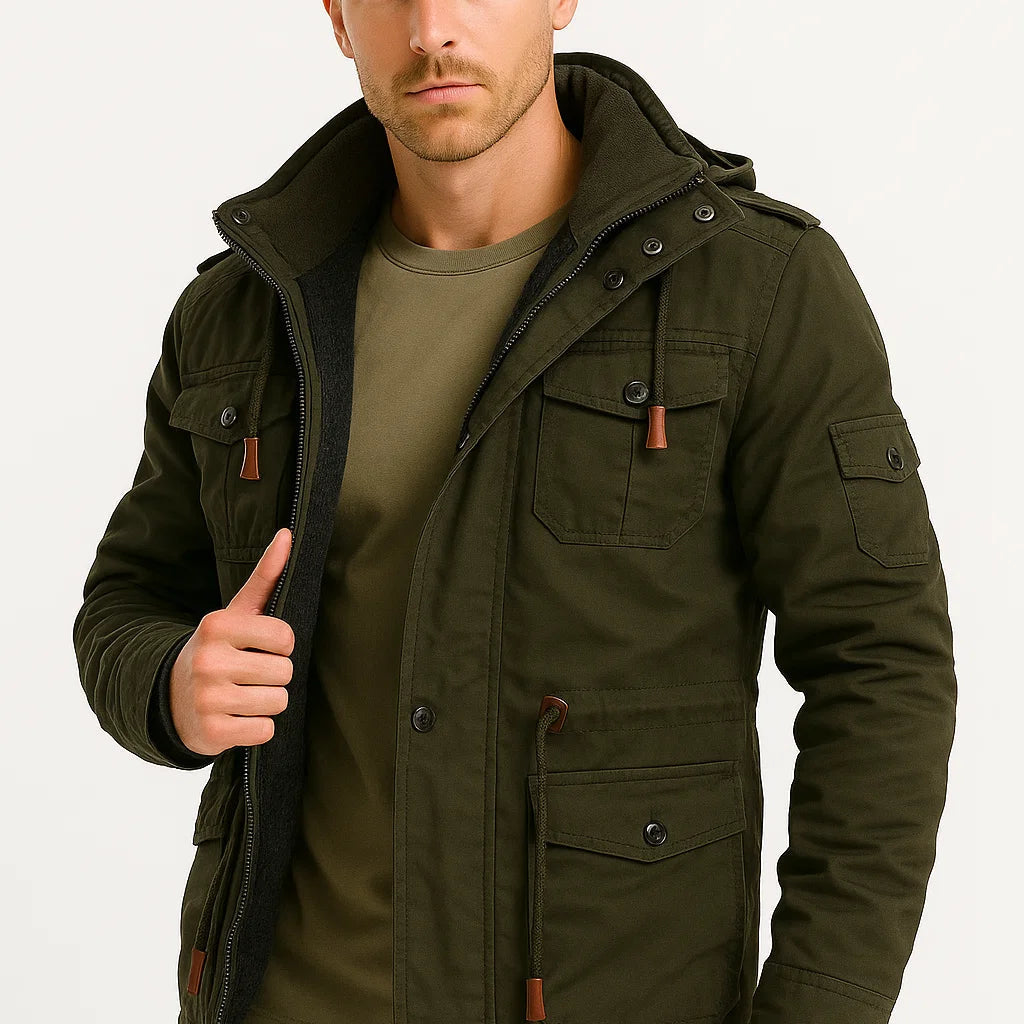 Lunelle | Heren Winterjas Legergroen Fleece Thermo Capuchonjas Casual Buitenjas