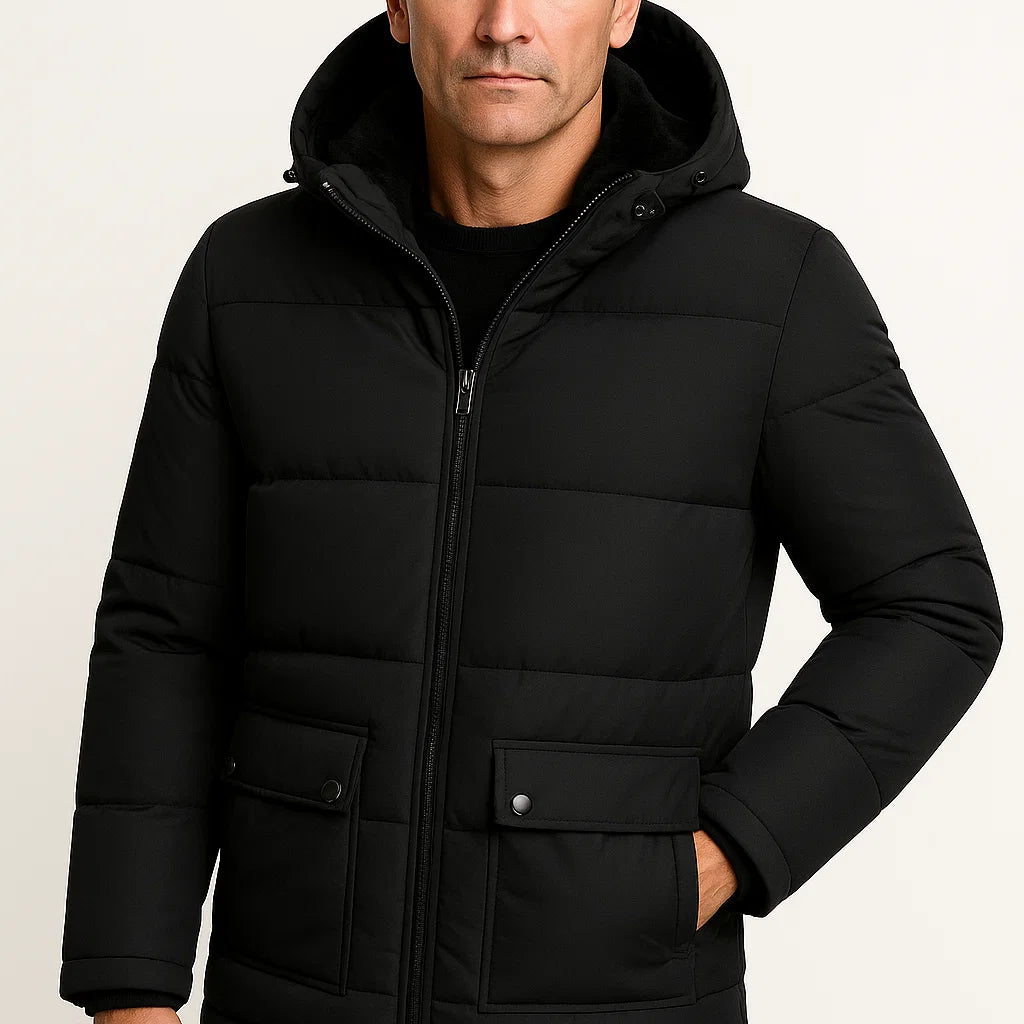 Lunelle | Heren Winterjas Zwarte Lamswol Oversized Capuchon Dikke Gewatteerde Jas