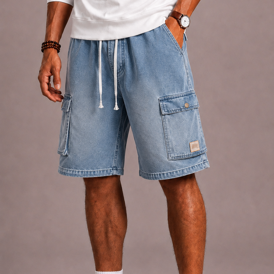 Lunelle | Heren Denim Cargo Short met Elastische Taille