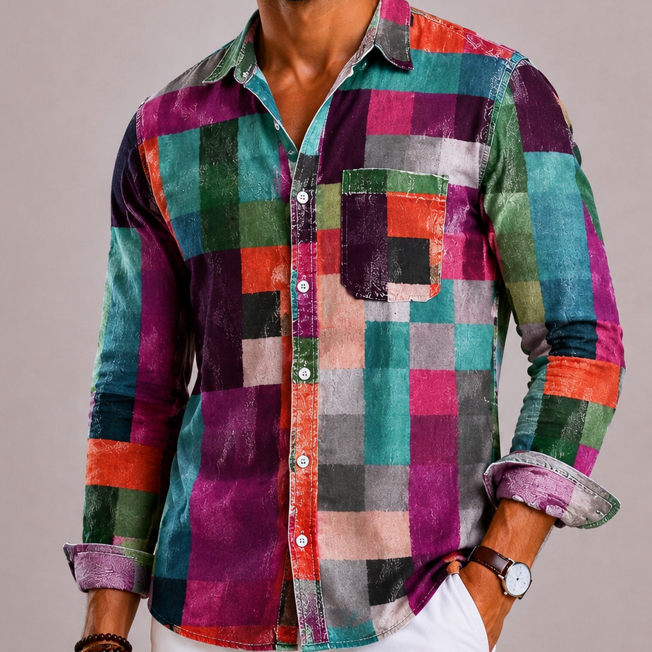Lunelle | Heren Patchwork Overhemd met Lange Mouwen en Patchwork Patroon