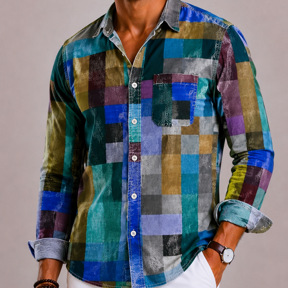 Lunelle | Heren Patchwork Overhemd met Lange Mouwen en Patchwork Patroon