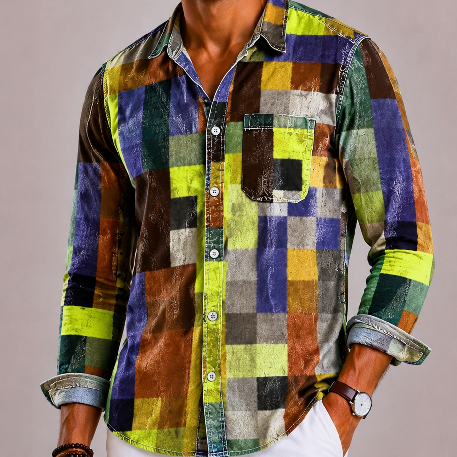 Lunelle | Heren Patchwork Overhemd met Lange Mouwen en Patchwork Patroon